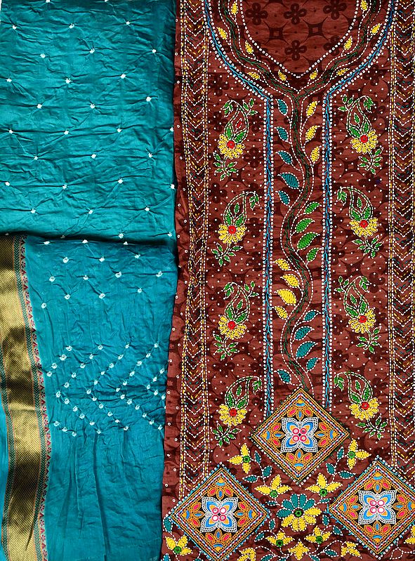 Nutmeg-Brown and Blue Salwar Kameez Fabric with Floral-Embroidery and Mirrors