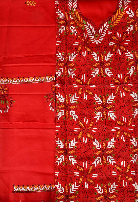 Poinsettia-Red Kantha Salwar Kameez Fabric from Kolkata with Floral Hand-Embroidery