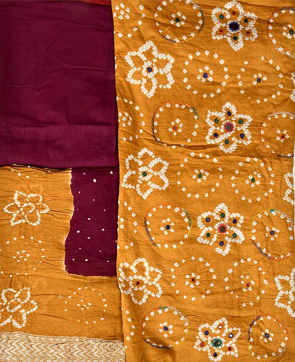Honey-Mustard and Burgundy Bandhani Tie-Dye Salwar Kameez Fabric from Gujarat with Embroidered-Mirrors