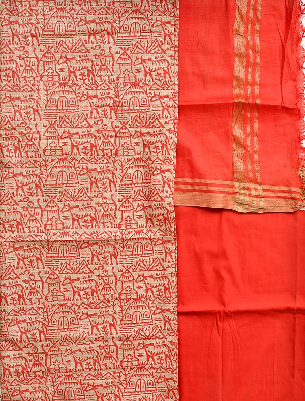 Cream and Red Salwar Kameez Fabric with Printed Warli Folk Motifs