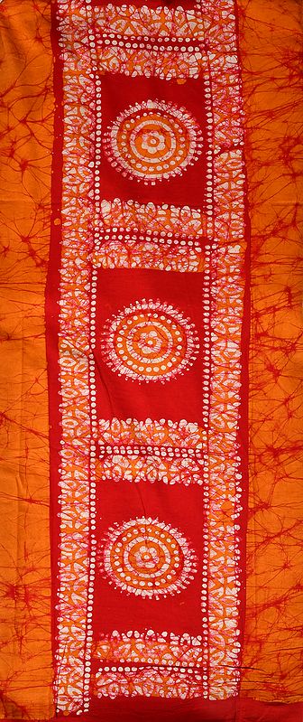 Apricot and Red Batik Salwar Kameez Fabric with Printed Chakras