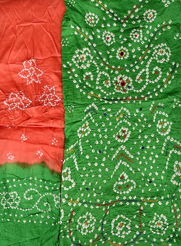 Green and Coral-Haze Bandhani Tie-Dye Salwar Kameez Fabric from Gujarat with Embroidered-Mirrors