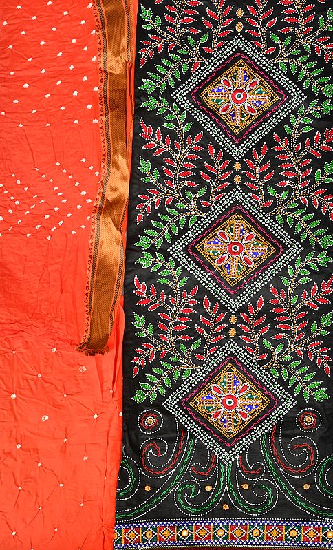 Black and Orange Salwar Kameez Fabric with Embroidered Leaves and Mirrors