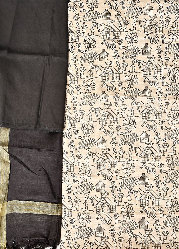 Almond-Oil and Black Salwar Kameez Fabric with Printed Warli Folk Motifs
