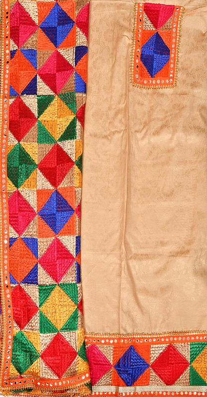 Phulkari Salwar Kameez Fabric from Punjab with Self-Weave and Patch Border