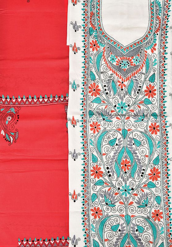 White and Red Salwar Kameez Fabric from Kolkata with Kantha Hand-Embroidery
