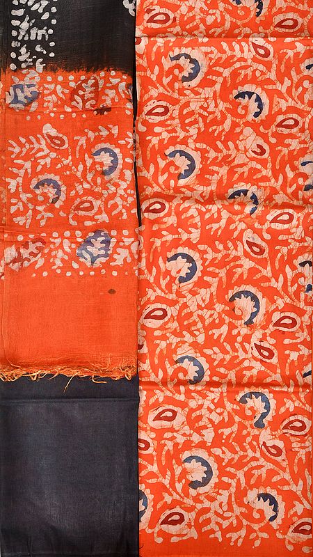 Orange and Black Batik-Printed Salwar Kameez Fabric