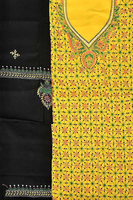 Lemon and Black Kantha Salwar Kameez Fabric from Kolkata with Hand-Embroidery All-Over