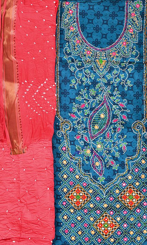 Blue and Pink Salwar Kameez Fabric with Floral-Embroidery and Mirrors