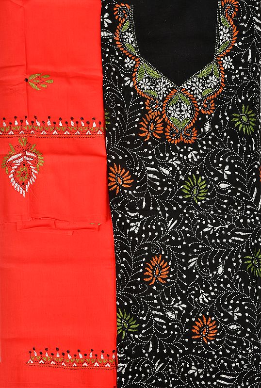 Black and Red Salwar Kameez Fabric from Kolkata with Kantha Hand-Embroidery