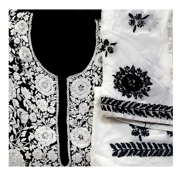 Black and White Phulkari Salwar Kameez Fabric with Floral Embroidery from Punjab