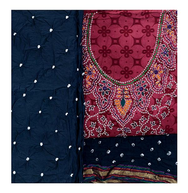 Salwar Kameez Fabric from Gujarat with Bandhej Print and Kantha Embroidery