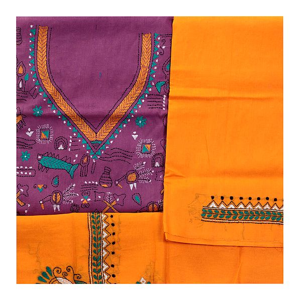Mellow-Mauve Warli Salwar Kameez Fabric with Kantha Emrbroidery