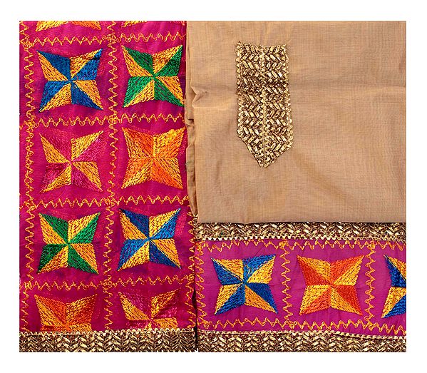 Magenta-Pink Phulkari Salwar Kameez Fabric from Punjab with Woven Florals and Lace Border