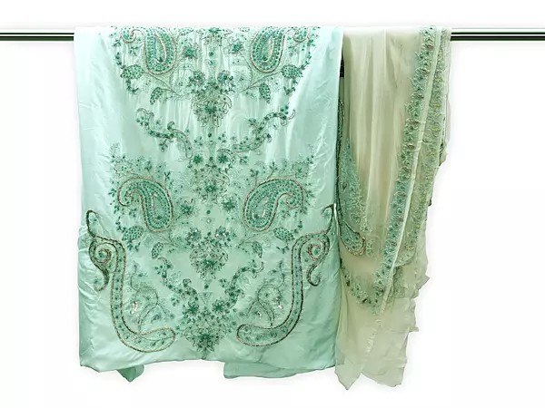 Moonlight-Jade Salwar Kameez Fabric from Kashmir with Aari Hand Embroidered Paisleys and Beads
