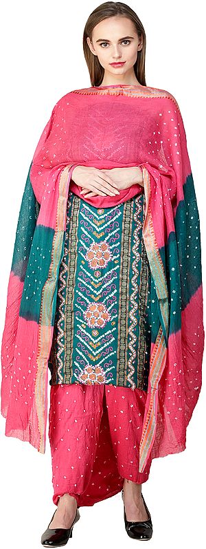 Bandhani Tie-Dyed Salwar Kameez Fabric with Floral Embroidery and Mirrors