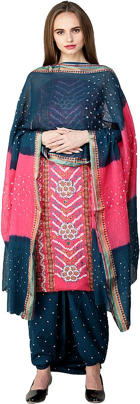 Bandhani Tie-Dyed Salwar Kameez Fabric with Floral Embroidery and Mirrors