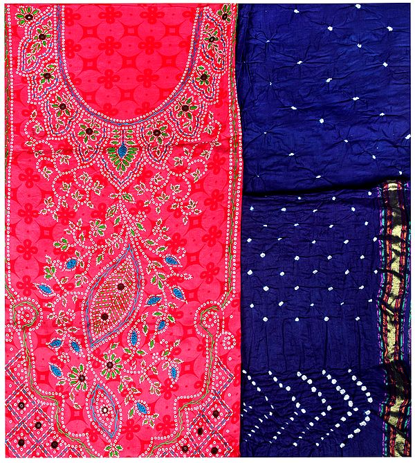 Hot-Pink Salwar Kameez Fabric from Gujarat with Bandhej Print and Kantha Embroidery