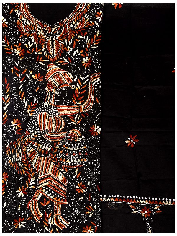 Caviar-Black Salwar Kameez Fabric from Kolkata with Kantha Hand-Embroidered Village Lady