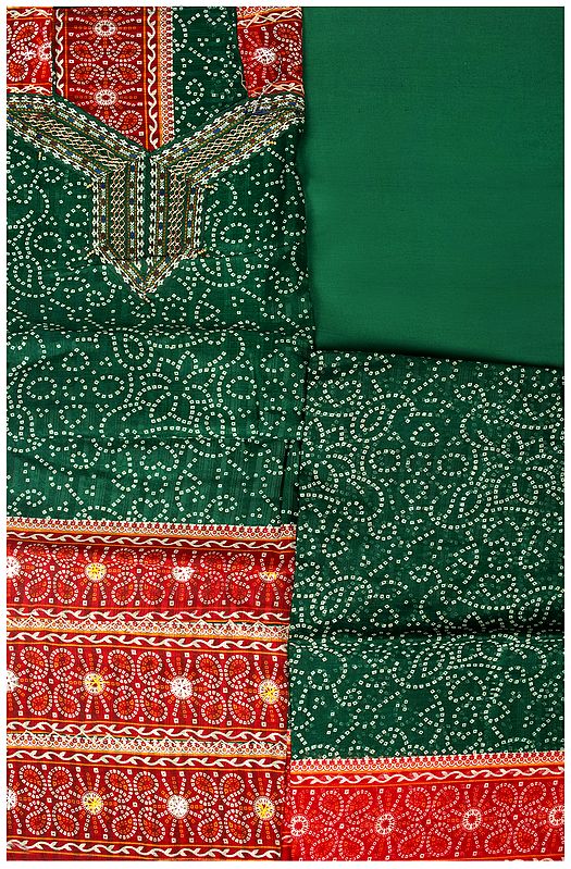 Salwar Kameez Fabric from Gujarat with Bandhej Print and Aari-Embroidery