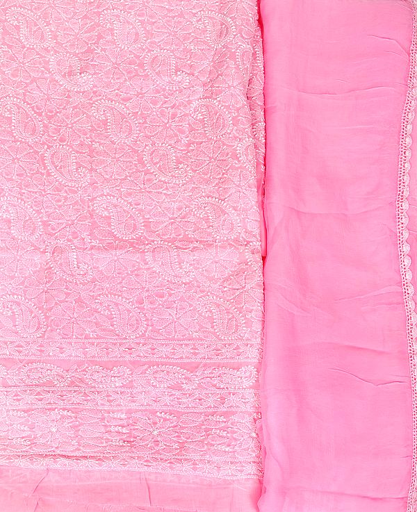 Candy-Pink Salwar Kameez Fabric with Lukhnavi Chikan Embroidery All Over