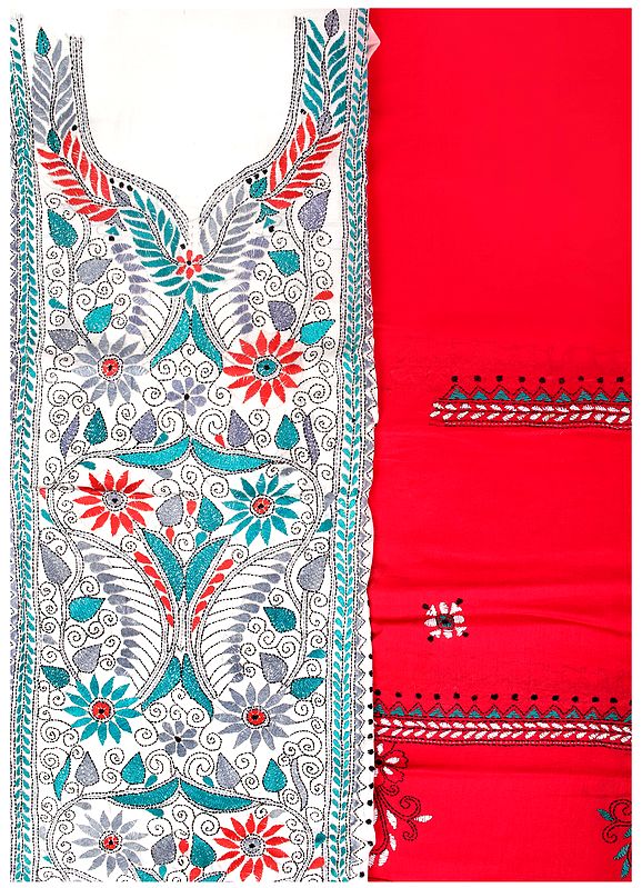White and Pink Salwar Kameez Fabric from Kolkata with Kantha Hand-Embroidery