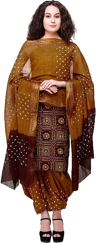 Bandhani Zari-woven Salwar Kameez Fabric with Mirror Embroidery