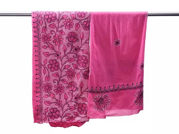 Hot-Pink Salwar Kameez Fabric from Kolkata with Kantha Hand-Embroidery