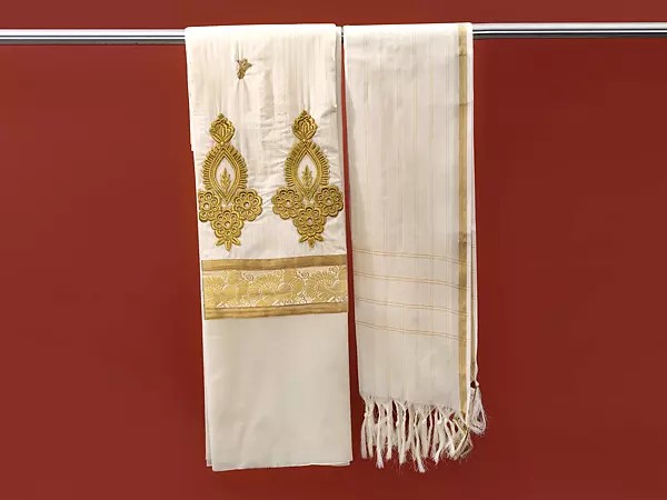 Pristine White Salwar Kameez  Kasavu Cotton Fabric from Kerala with Zari-Embroidery and Woven Stripes