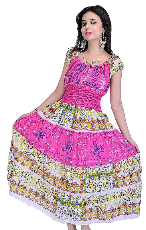 Fandango-Pink Barbie Dress With Printed Flowers and Thread Embroidery