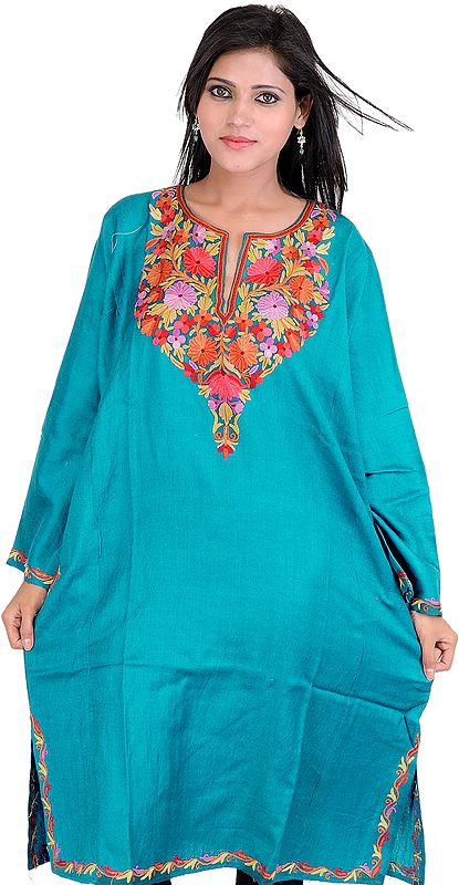 Cyan-Blue Phiran from Kashmir with Aari Hand-Embroidered Flowers