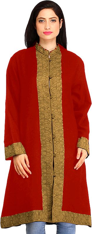 True-Red Kashmiri Long Jacket with Aari Hand-Embroidery on Border