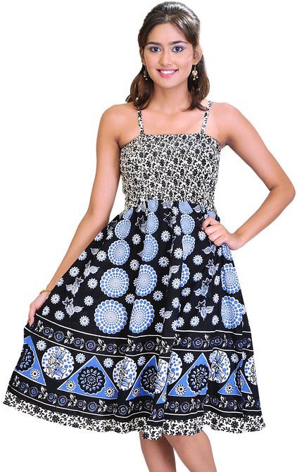 Malibu-Blue and Black Summer Dress with Printed Flowers