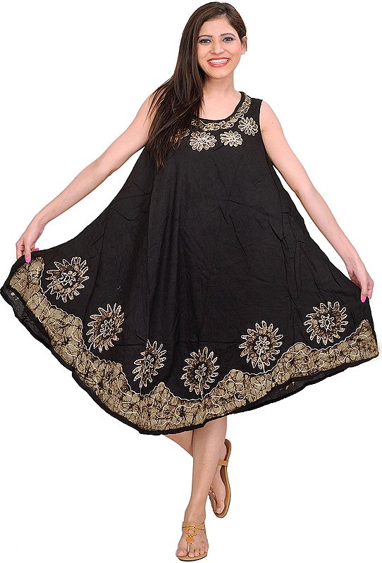 Printed Dress with Batik Flowers and Threadwork