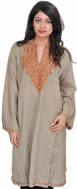 Feather-Gray Phiran from Kashmir with Aari Hand-Embroidery on Neck