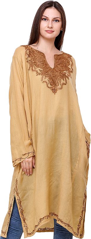 Phiran from Kashmir with Floral Hand-Embroidery on Neck