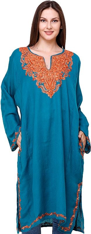 Phiran from Kashmir with Floral Hand-Embroidery on Neck