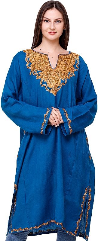 Phiran from Kashmir with Floral Hand-Embroidery on Neck