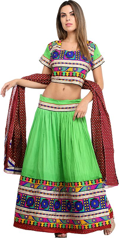 Jasmine-Green and Maroon Lehenga Choli from Jodhpur with Floral-Embroidery and Mirrors