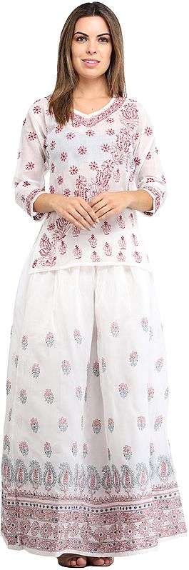 Pearl-White Two-Piece Floral Lehenga Choli with Lukhnavi Chikan Embroidery All Over