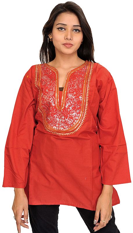Casual Kurti with Sequins-Embroidered Patch on Neck