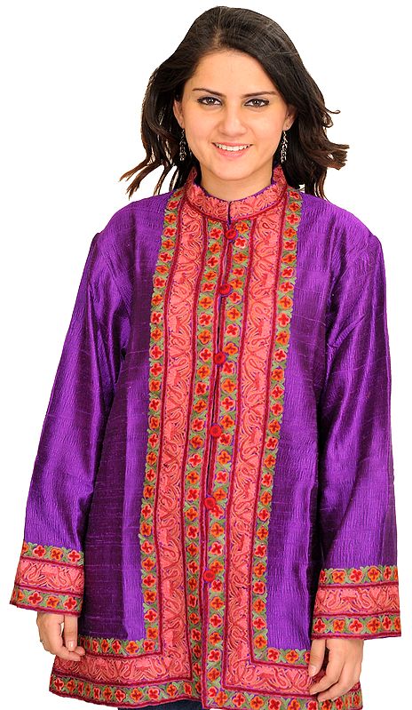 Pansy-Purple Jacket from Kashmir with Aari-Embroidery on Border