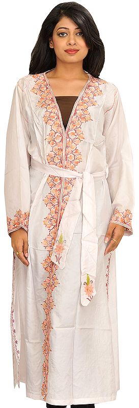 Star-White Robe from Kashmir with Floral Embroidery on Border