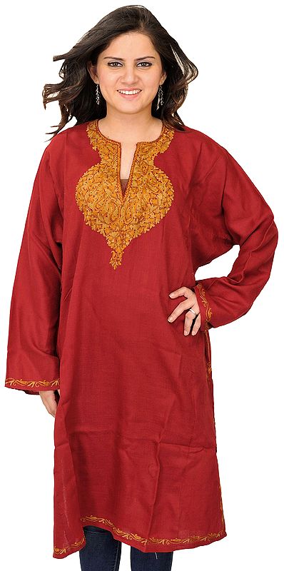 Deep-Claret Phiran from Kashmir with Aari Hand-Embroidery on Neck