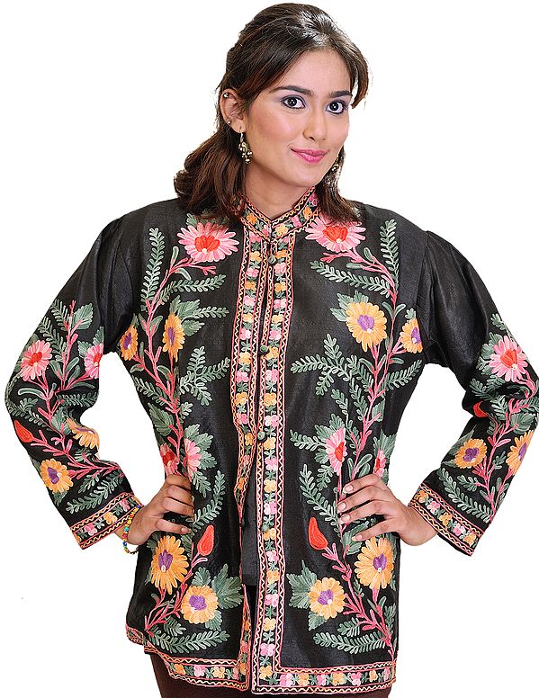 Caviar-Black Jacket from Kashmir with Aari-Embroidered Flowers
