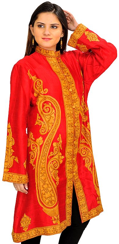 Fiery Red Long Jacket From Kashmir With Hand-Embroidered Giant Baisleys
