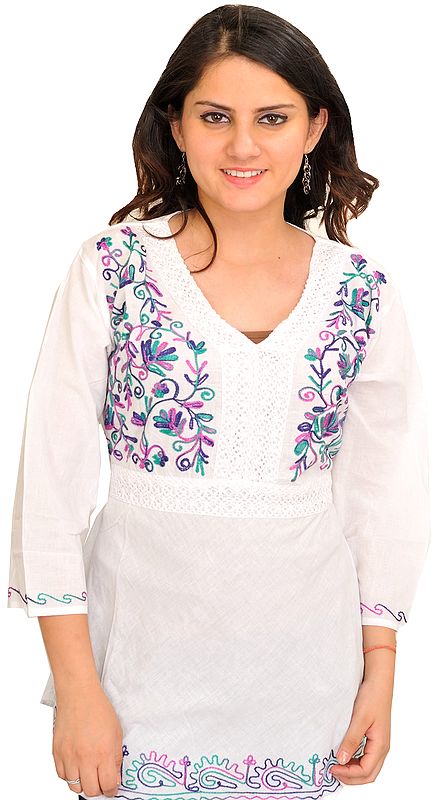 Bright White Kurti With Aari Embroidery