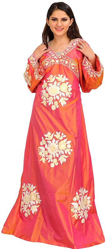 Salmon-Pink Gown from Kashmir With Crewel Embroidery