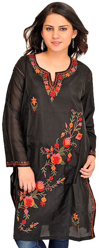Black Kashmiri Kurti with Hand Aari-Embroidered Flowers