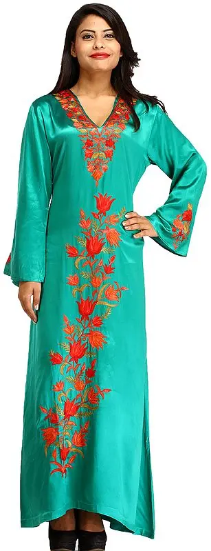 Sea Green Ankle-Length Gown From Kashmir With Aari-Embroidery
